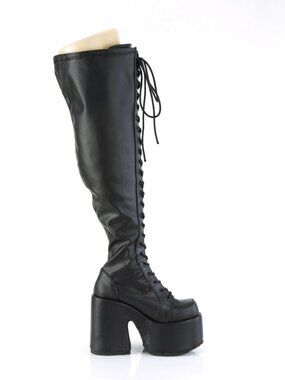 Black Stretch Vegan Leather Thigh-High Boots with Full-Length Outside Metal Zip